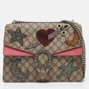 Gucci Beige/Pink GG Supreme Canvas and Suede Medium Crystals Embellished Dionysus Shoulder Bag