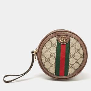 Gucci Beige GG Supreme Canvas and Leather Ophidia Round Wristlet Pouch