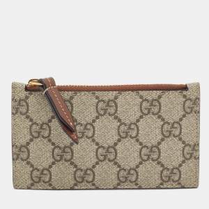 Gucci Brown/Beige GG Supreme Canvas and Leather Zip Card Holder