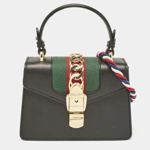 Pre Owned Gucci Black Leather Mini Web Chain Sylvie Top Handle Bag