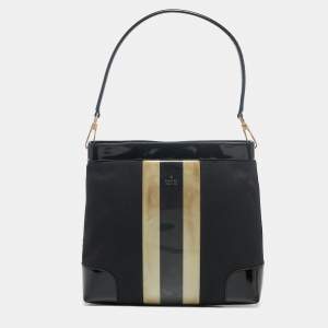 Pre Owned Gucci Black Canvas Striped PVC Shoulder Bag