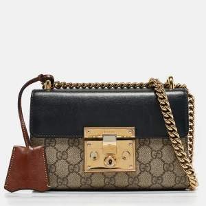 Gucci Black/Beige GG Supreme Canvas and Leather Padlock Small Shoulder Bag