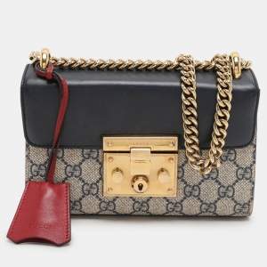 Gucci Navy Blue/Beige GG Supreme Canvas and Leather Small Padlock Shoulder Bag