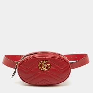 Gucci Red Matelasse Leather GG Marmont Belt Bag