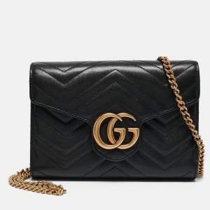 Gucci Black Matelassé Leather GG Marmont Wallet On Chain