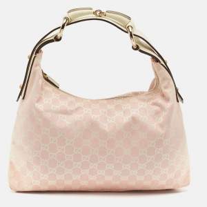 Pre Owned Gucci Pink/Off White GG Canvas Medium Horsebit Hobo