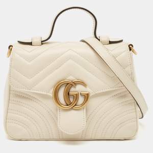 Pre Owned Gucci Off-White Matelassé Leather Mini GG Marmont Top Handle Bag