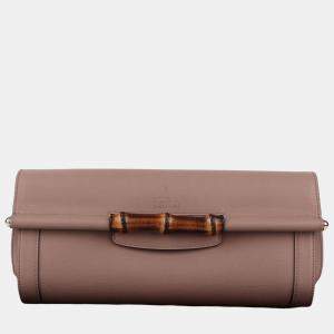 Gucci Pink Leather Bamboo Flap Clutch Bag
