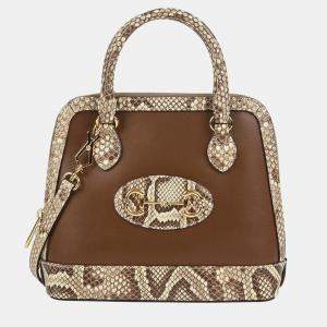 Gucci Small Brown Leather Python Trim Horsebit 1955 Top Handle Bag