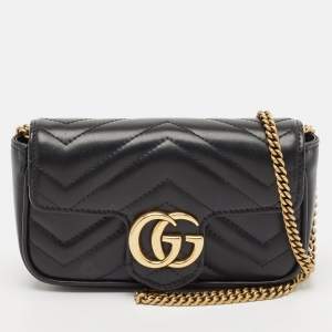 Gucci Black Matelassé Leather GG Marmont Super Mini Shoulder Bag