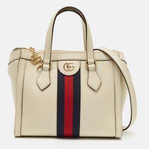 Pre Owned Gucci Off White Leather Small Web Ophidia Tote