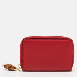 Gucci Red Leather Bamboo Zip Around Wallet