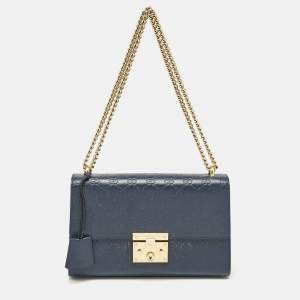 Gucci Navy Blue Guccissima Leather Medium Padlock Shoulder Bag