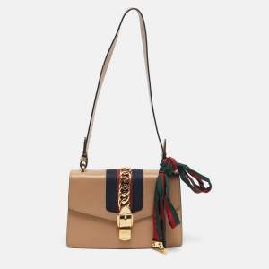Gucci Beige Leather Small Web Sylvie Shoulder Bag