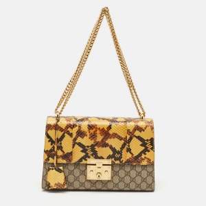 Gucci Yellow/Beige GG Supreme Canvas and Python Medium Padlock Shoulder Bag