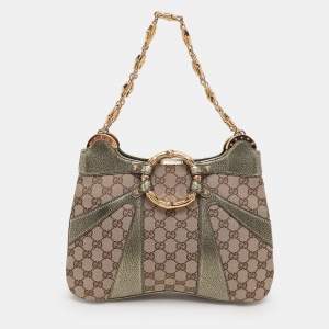 Pre Owned Gucci Beige/Metallic Green Canvas and Leather Bamboo Ring Tote