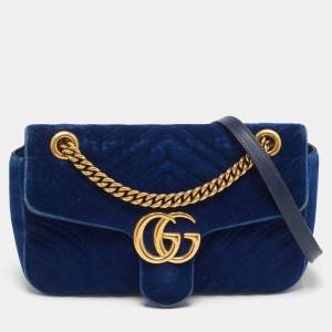 Gucci Navy Blue Matelassé Velvet and Leather Small GG Marmont Shoulder Bag