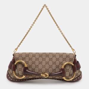 Pre Owned Gucci Beige/Burgundy GG Canvas and Leather Horsebit Clutch