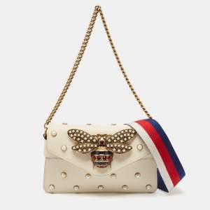 Gucci Off White Leather Broadway Pearly Bee Shoulder Bag