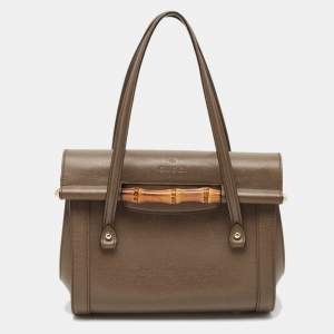 Gucci Taupe Grey Leather Medium New Bullet Bamboo Bag