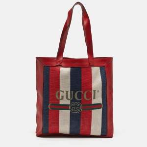 Gucci Tricolor Striped Canvas and Leather Logo Tote