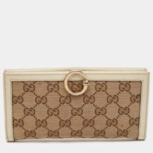 Gucci White/Beige GG Canvas and Leather Icon Bit Flap Continental Wallet