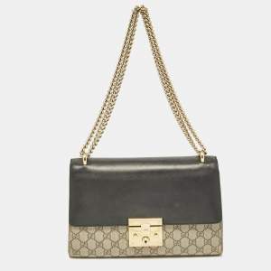 Gucci Black/Beige GG Supreme Canvas and Leather Medium Padlock Shoulder Bag