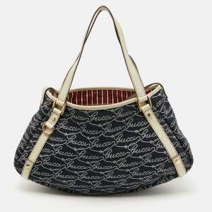 Gucci Navy Blue/White Canvas and Leather Signature Abbey Hobo