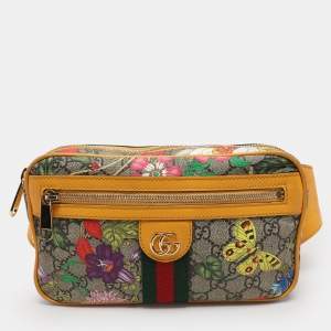 Pre Owned Gucci Yellow GG Supreme Canvas and Leather Ophidia Flora Belt Bag