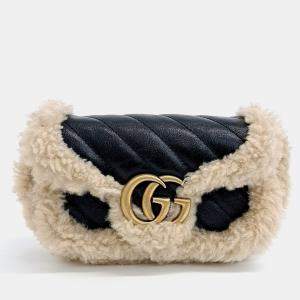 Gucci Beige Black Leather and Shearling Matrace Super Mini Crossbody Bag
