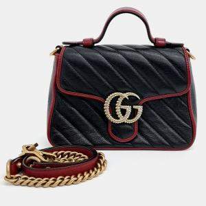 Gucci Black Leather GG Marmont Mini Top Handle Bag