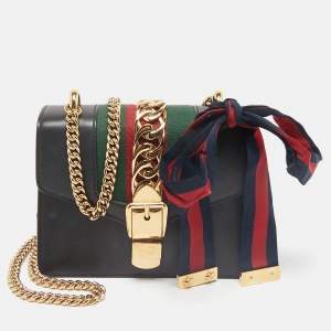 Gucci Black Leather Mini Web Chain Sylvie Shoulder Bag