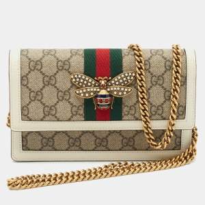 Gucci White/Beige GG Supreme Canvas Web Queen Margaret Wallet On Chain
