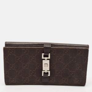 Gucci Dark Brown GG Canvas and Leather Jackie Bardot Continental Wallet