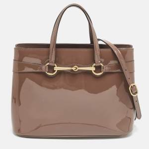 Gucci Dark Beige Patent Leather Medium Bright Bit Tote