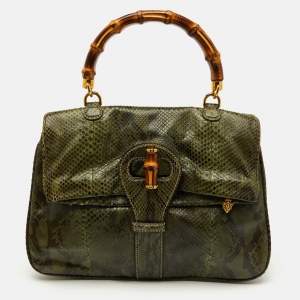 Gucci Green Python Heritage Foldover Bamboo Top Handle Bag
