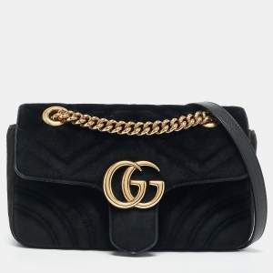 Gucci Black Matelassé Velvet Mini GG Marmont Shoulder Bag