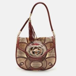 Gucci Burgundy/Beige Python Medium Britt Tassel Hobo