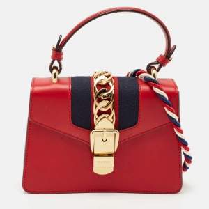 Gucci Red Leather Mini Web Sylvie Top Handle Bag