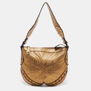 Gucci Gold Embossed Leather Small Studded Pelham Hobo