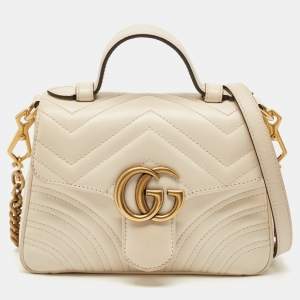 Pre Owned Gucci Off White Matelassé Leather Small GG Marmont Top Handle Bag
