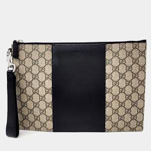Gucci Beige Black Coated Canvas and Leather GG Supreme Clutch Bag