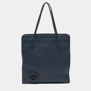 Pre Owned Gucci Navy Blue Leather Interlocking G Dollar Tote