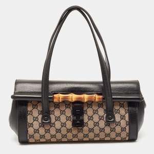 Pre Owned Gucci Black GG Canvas and Leather Bamboo Bullet Satchel