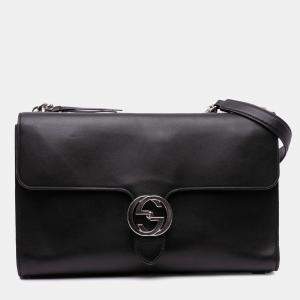 Gucci Black Leather Dollar Interlocking G Medium Crossbody Bag