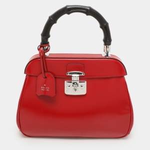 Pre Owned Gucci Red Patent Leather Lady Lock Bamboo Top Handle Bag