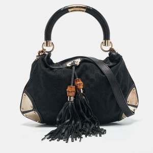 Pre Owned Gucci Black GG Canvas and Leather Medium Babouska Indy Hobo