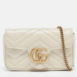 Gucci Off White Matelassé Leather Super Mini GG Marmont Shoulder Bag