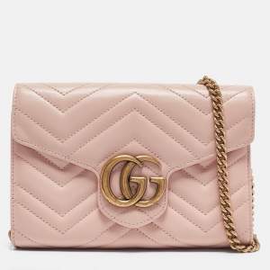 Gucci Light Pink Matelassé Leather GG Marmont Wallet on Chain