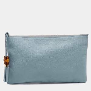 Gucci Light Blue Leather Bamboo Tassel Clutch